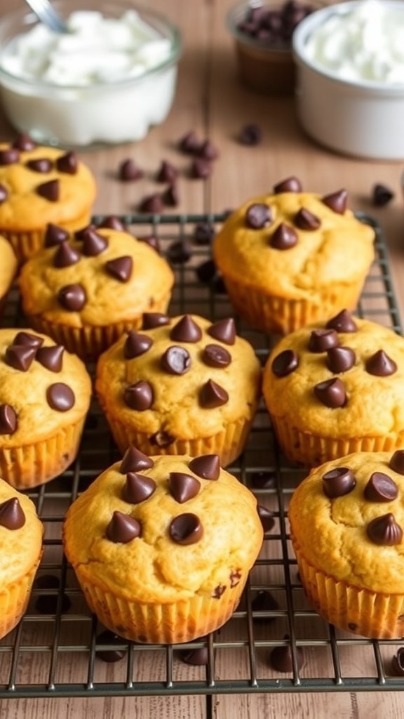 Golden-brown Greek yogurt chocolate chip muffins on a wire rack, with melted chocolate chips on top.